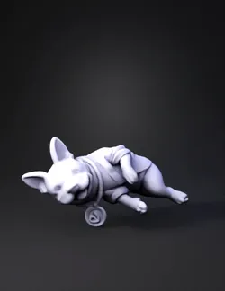 French bulldog lying down wearing blue striped shirt purple shorts a