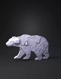 geometric bear mosaic sculpture composed of puzzle piece panels in bro