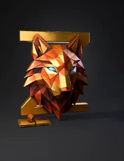 golden geometric wolf head with blue eyes faceted metal texture