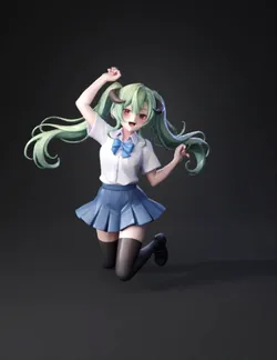 green haired schoolgirl in a white blouse and blue pleated skirt in a