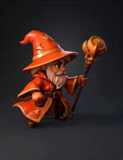 orange robed wizard holding glowing staff
