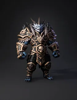 orc warrior in ornate skull themed armor with fur trim blue skin and