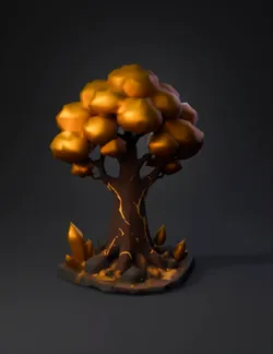 polygonal golden tree with crystalline rocks gold bark and leaves