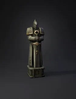 stone knight statue with ornate bronze accents circular emblem on che