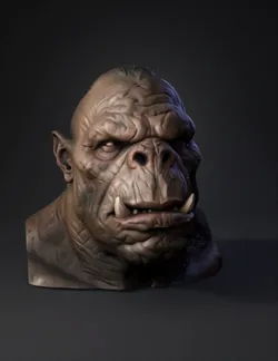 tattooed humanoid creature head with detailed textured skin and dark b