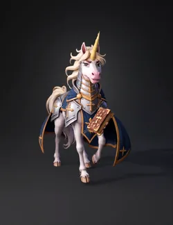unicorn in ornate knight armor with glowing horn holding a glowing bo