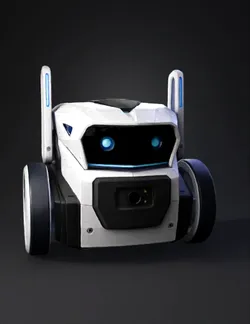 white compact robot with blue eyes and LED strip wheels black camera