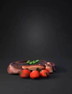 A 3D game asset of a cooked well done teardrop shaped beef steak rest