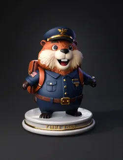 Anthropomorphic beaver postal worker mascot figurine on a display pede