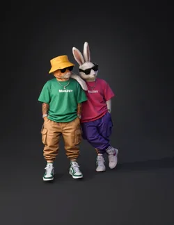anthropomorphic rabbit wearing green and pink streetwear with cargo pa