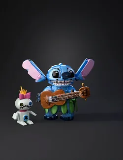 blue alien lego character named stitch holding a guitar with a small c