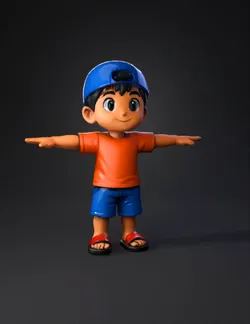 boy character with orange shirt blue shorts blue cap and red sandal