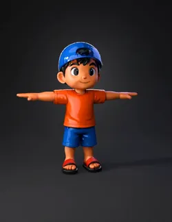 cartoon boy figure with orange shirt blue shorts blue cap stylized 3D