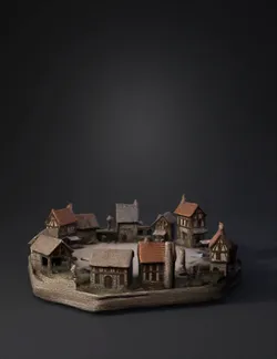 circular medieval village square with cobblestone paving surrounded by