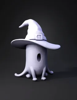 create a cute pink slime girl wearing a wide brimmed witch hat kneeli