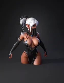 Create a dark elf girl with white hair with black highlights in a pony