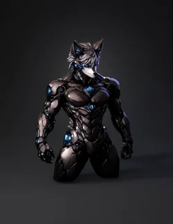 cybernetic wolf humanoid in black metallic armor with blue glowing orb
