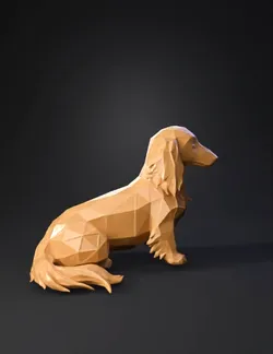glowing polygonal dog sculpture with geometric facets warm yellow tra