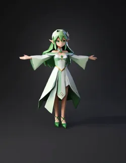 green and white stylized elf character in a flowing gown with geometri
