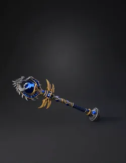 ornate fantasy staff with dragon motif large blue gem gold and silve