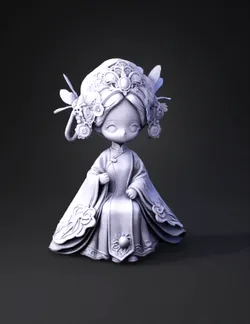 ornate headdress doll in a navy blue gown with gold embroidery and dec