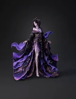 ornate purple gown with gold embroidery and sheer layered fabric cres