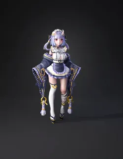 purple and white maid character with ornate dress thigh high stocking