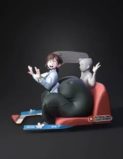 stylized female character with oversized dark green pants and a cape