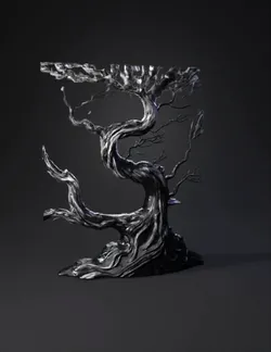 twisted tree silhouette in black and white ink styled texture with swi