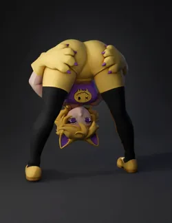 anime girl wearing a yellow outfit with purple accents black stocking