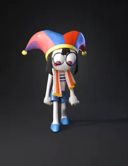 jester character wearing blue shorts striped scarf oversized multico