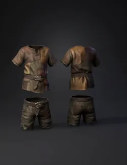 patchwork tunic with belt and tattered shorts in brown and olive tones