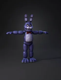 purple animatronic bunny with jointed limbs white belly red bow tie