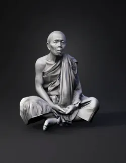 seated meditating monk with draped robes grayscale material cross le