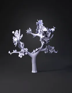 stylized cherry blossom tree with pink blossoms on brown trunk low po