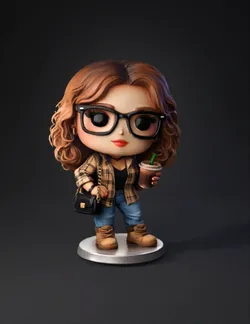 stylized chibi female figure with curly brown hair sunglasses plaid