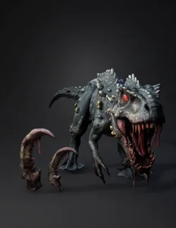 t rex like dinosaur monster with glowing red eye bloodied mouth larg