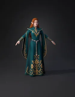 teal elven gown with gold embroidery and cape