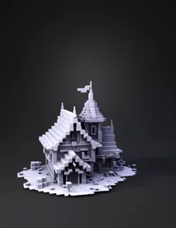 wooden house with stone foundation featuring blue tiled roof and voxel