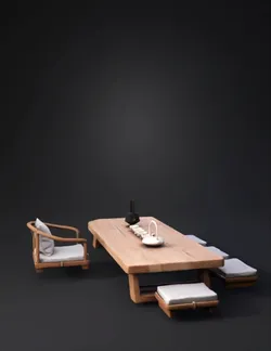 wooden low table with cushions and tea set