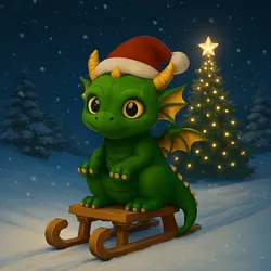 Snowy Baby Dragon on A Sled