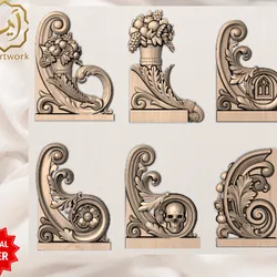 6pc Baroque Corner Ornament 3D Relief Bundle | CNC Router STL, Laser Engraving, 3D Printing | Acanthus Scroll Corbels