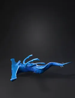 Bioluminescent fantasy manta ray with neon blue body glowing yellow e