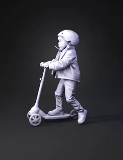 child on scooter riding with helmet beige jacket blue helmet and blu