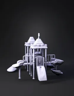 colorful plastic playground structure with blue slide yellow towers