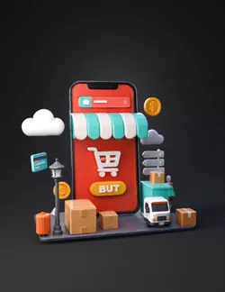 Create a high quality stylized 3D isometric e commerce scene for a mod