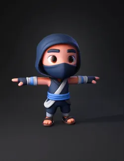 Create a Pixar style chibi ninja 3D character with a large rounded hea