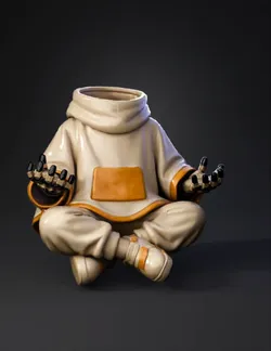 hooded humanoid robot wearing a beige cloak with orange trim seated c