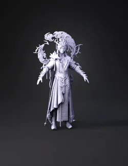 ornate fantasy warrior in ceremonial robes with sword white and blue