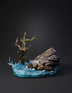 rocky island diorama with water splash and mossy tree